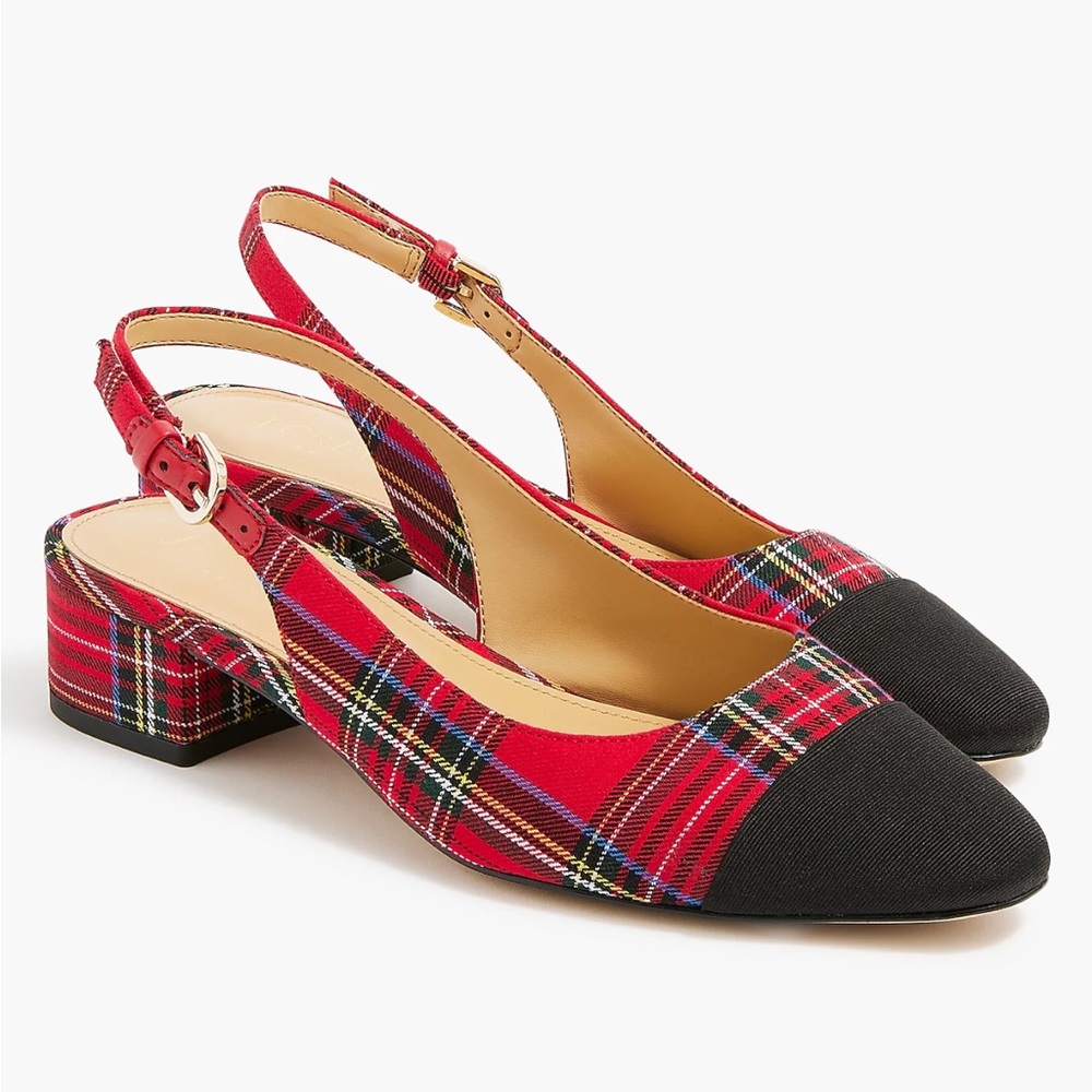 J.Crew || Tartan Low-Heel Slingbacks Cap Toe Holiday Christmas Plaid Red Black 8